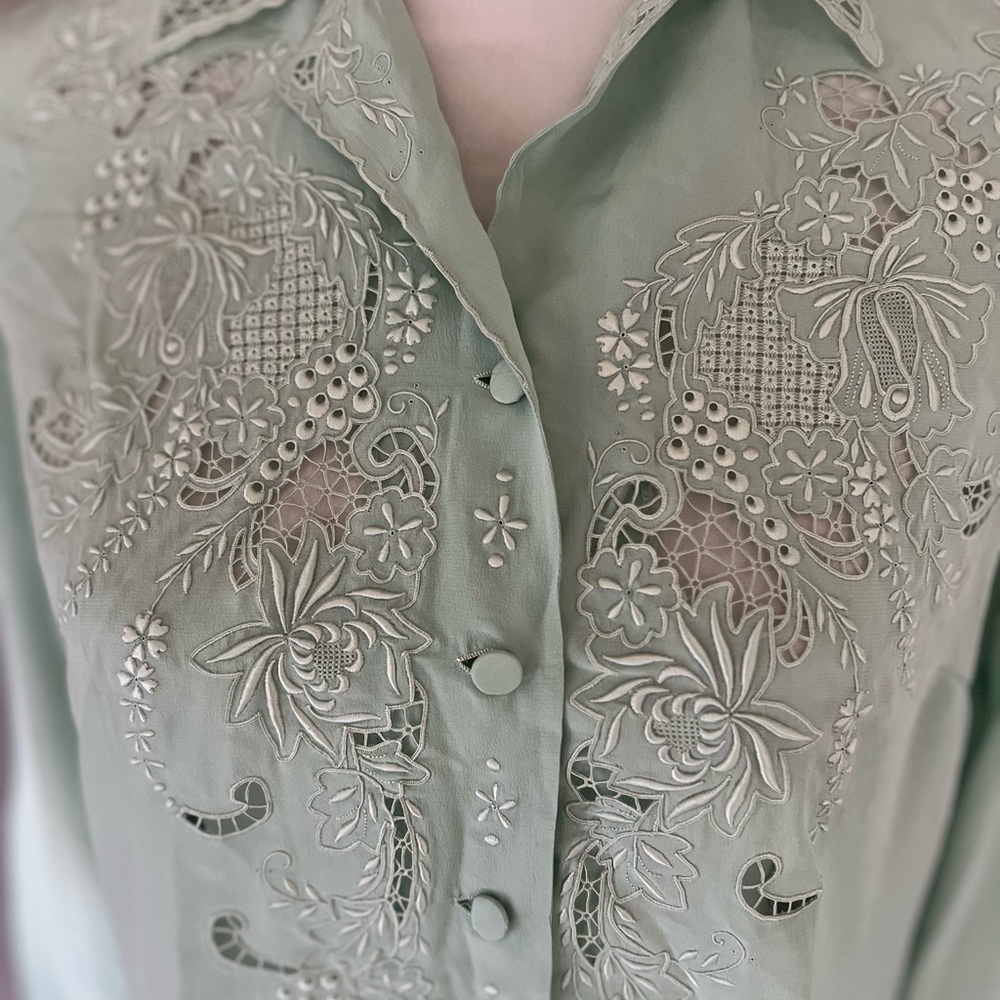 Vintage Silk Embroidered Mint Green Women's Top - Picture 3 of 8